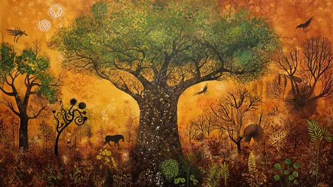 A folk-art painting of a large tree in an ochre forest, with birds and small animals.