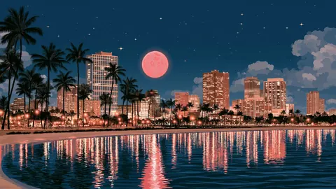 A palm-lined harbor city at night under a large pink moon, its lights reflected in the water.