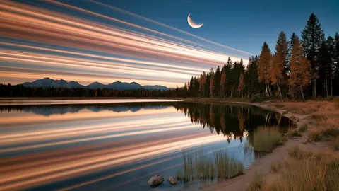 A calm lake at dusk under a crescent moon, with streaks of peach light across the sky and water and autumn pines on the shore.