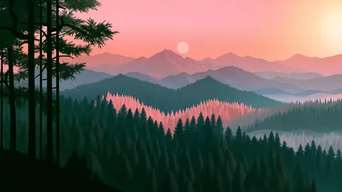 Pine forests stack toward distant mountains under a salmon-pink sky and a low sun.