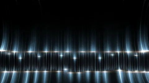 Thin vertical strands of white and sapphire light hang in rows, crossed by two bright bands.