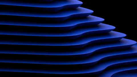 Rounded sapphire layers stack in a sweeping staircase against black.