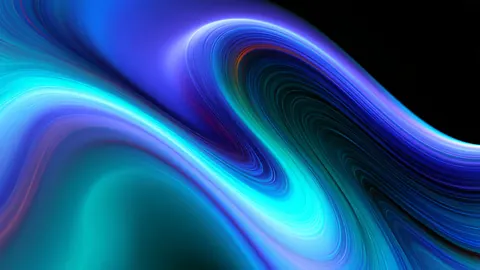 Desktop wallpaper of a flowing blue, violet and teal wave on black.