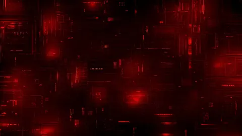 A dense grid of scarlet data points and fine lines glows out of a black field, like a city of code seen from above.