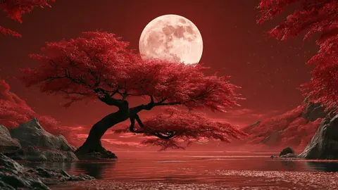 A red tree leans over a lagoon under a full moon, everything bathed in red light.