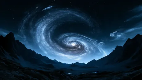 A bright spiral galaxy turns in the night sky above dark snowy mountains.