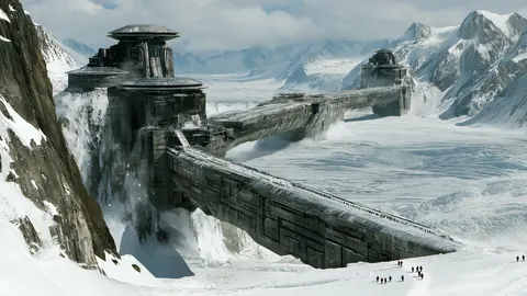 A stone fortress and long bridge built into snowy mountain cliffs, with tiny figures crossing the snow.