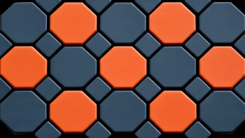 A pattern of orange and slate-gray octagonal tiles with small gray squares between them.