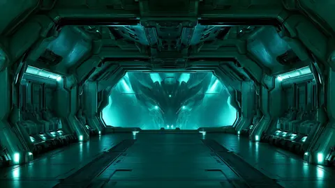 Architecture artwork in a wide 16:9 frame, featuring teal, metal and corridor.