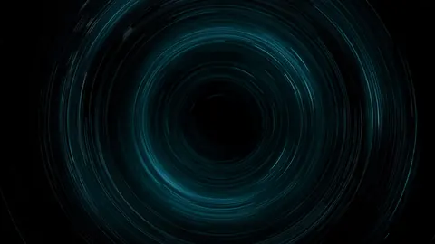 Faint teal rings spiral inward toward a dark center, like a tunnel of orbits.