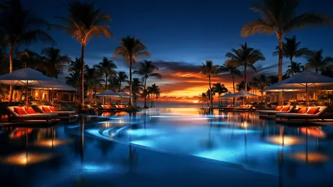 Palm trees and lit cabanas surround a glowing blue pool as the sun sets behind them.